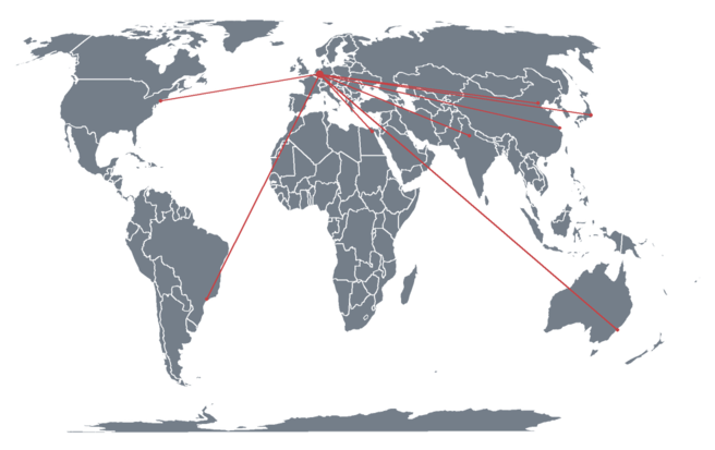 Equal-Earth-Weltkarte mit internationalen Verbindungen des VDHC